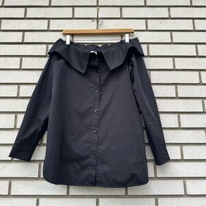 Tibi Frederic Black Off Shoulder Cotton Poplin Button Down Shirt Size 2